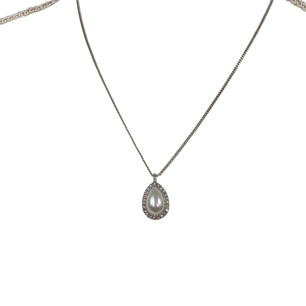 Givenchy Silver Tone Faux Pearl Teardrop Necklace Jewelry Rhinestone